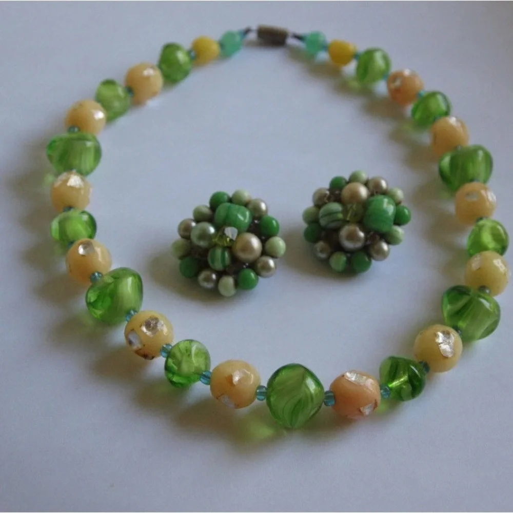 Vintage 1950s Green Glass Bead Necklace & Cluster Clip Earrings Mid Century Set